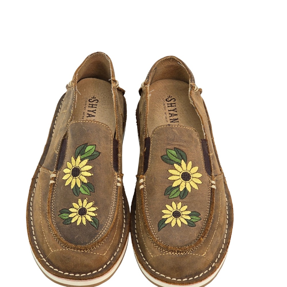 Shyanne Sunflower Embroidered Brown Leather Slip On Loafers OSHFA21P1 Womens 6.5